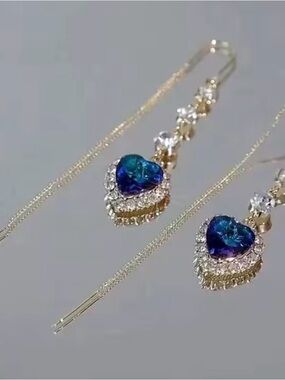 Gold Drop Heart Earrings with Blue-Green Crystal Accent